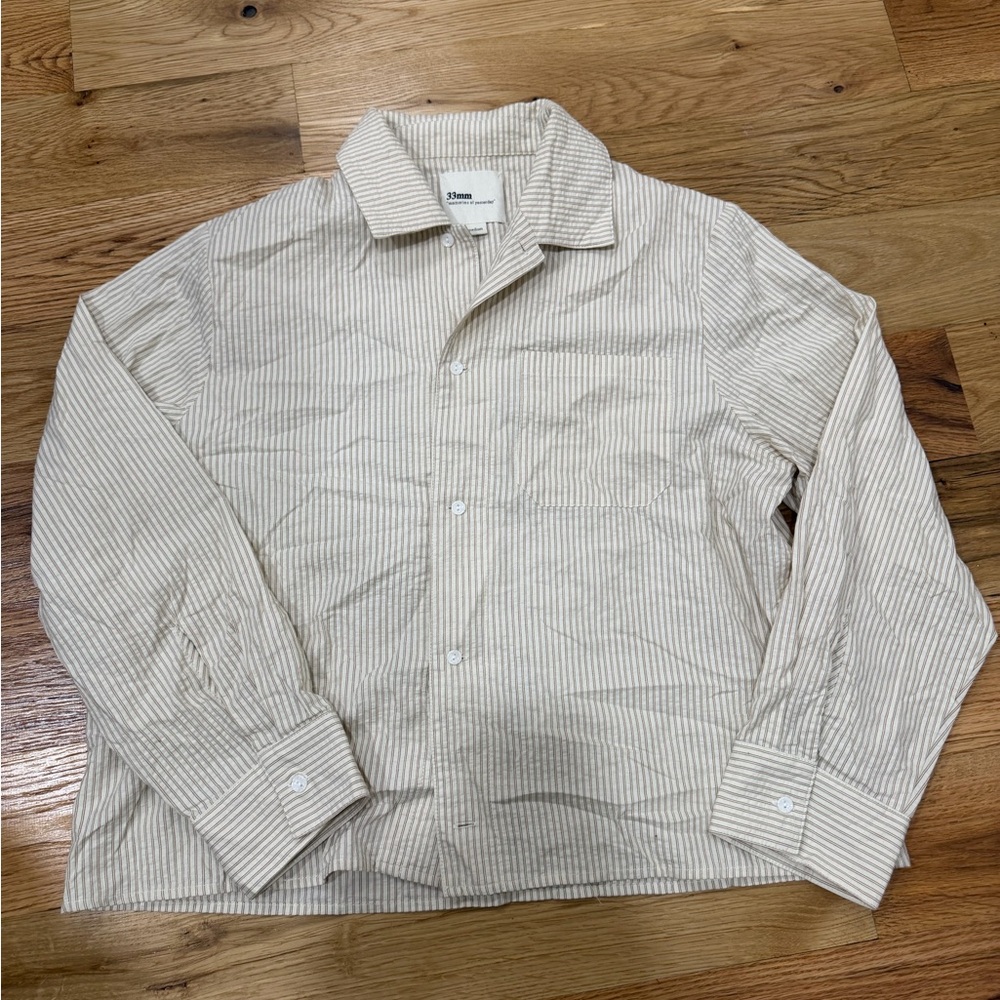 33 mm Men's Beige Striped Casual Button-Down Shirt
